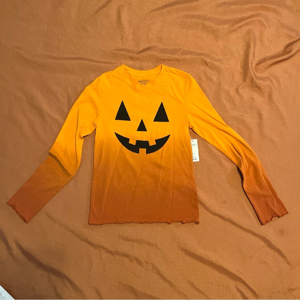 Jack-o'-lantern Big Face - 1 Orange Dip Dye Halloween Girl Shirt size M (10-12)